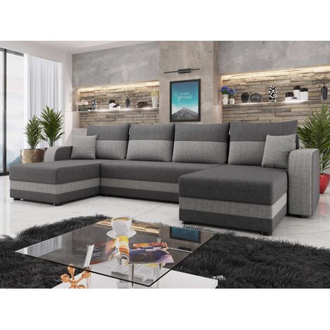 Bestmobilier – Canapé panoramique convertible 7 places avec coffre – Tissu bicolore – Dimensions L313xH80xP127 cm – Couchage 275x113 cm
