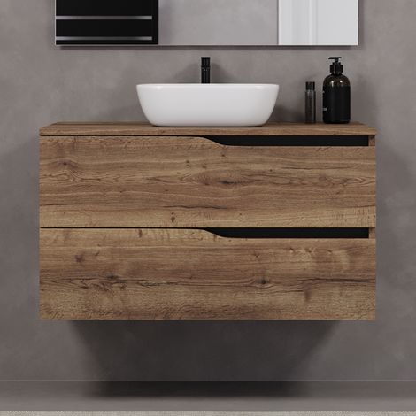 Meuble de salle de bain 100cm avec plateau et vasque à poser zeus - 2 tiroirs - sans miroir - tabaco (chêne foncé) - LUNA (1/5)