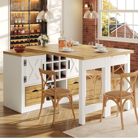 Mesa extensible de cocina con almacenaje, tablero giratorio 360°, MDF blanco OKMYHOME (1/5)