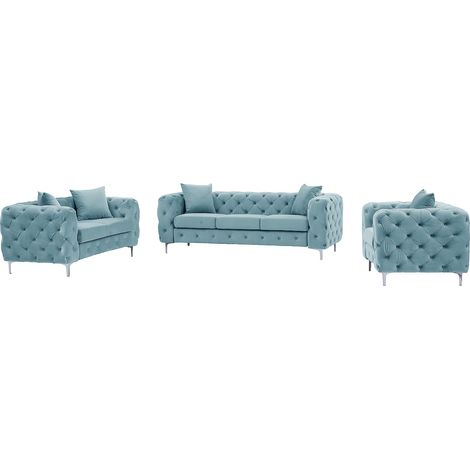 Divano 3 posti, 2 posti e poltrona Chesterfield in velluto azzurro pastello - EDWINA