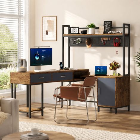 Scrivania angolare in stile industriale, 140 x 140 x 135 cm, struttura in acciaio e legno, telaio in metallo antiruggine, con cassetti e pannello posteriore in rete metallica, colore nero + tonalità l (1/5)
