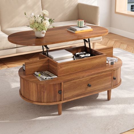 Table basse relevable 105 x 50 x 60,5 cm avec grand tiroir, 2 niches ouvertes, 2 portes coulissantes et pieds en hévéa, MDF, Noyer (1/5)