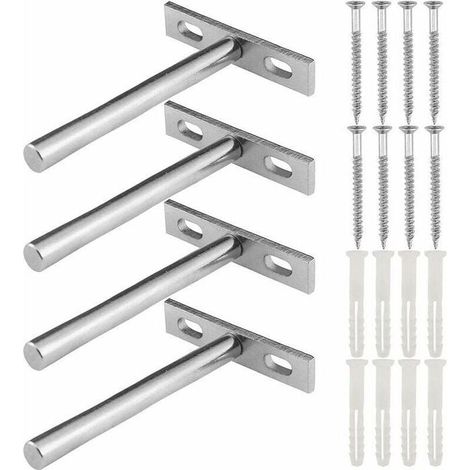 Soporte para estante flotante - Tipo T - Juego de 4 piezas - Metal niquelado - Oculto - Plateado - Fácil de instalar (1/4)