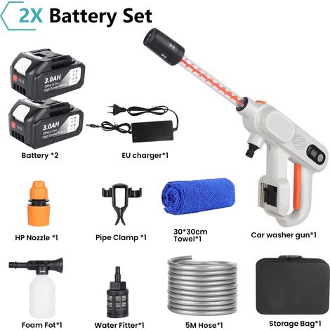 Laveuse pression électrique – 80 bars – 3 rapports – Blanc – Lot 2 batteries Makita 21V – Auto/extérieur (1/5)