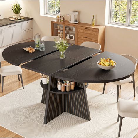 Table à manger extensible 110-150x110x76 cm avec rangement ouvert, coins arrondis, MDF noir (1/5)