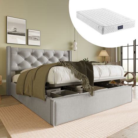 Lit coffre double Lit capitonné 140x200cm,Lit avec sommier à lattes métalliques, Cadre de lit moderne avec espace de rangement, Coton, Gris clair(Avec matelas) (1/5)