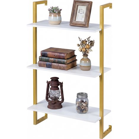 Étagère Flottante à 3 Niveaux, Étagère Murale pour Bar à Café, Support de Rangement Suspendu, 53 x 23 x 90 cm pour Salon, Bureau, Blanc