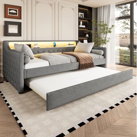 Sofá cama de lino gris 90x200 cm con cama nido, LED, USB y somier de láminas (1/5)