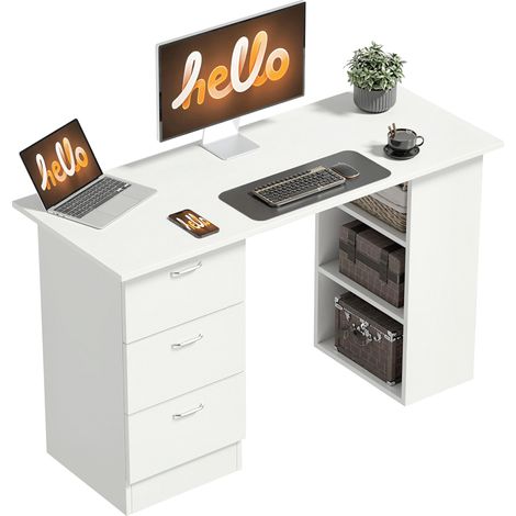 Scrivania per computer, tavolo da scrittura, postazione di lavoro per PC con 3 ripiani e cassetti, maniglia argentata, per ufficio domestico, bianca