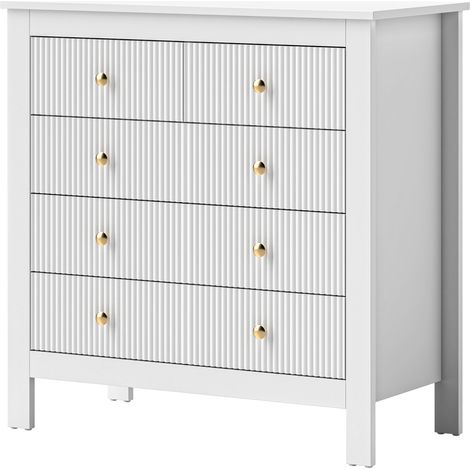 HOMCOM Fluted Bedroom Chest of Drawers w/ 5 Drawers Gold Tone Handles White