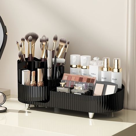 Organisateur de maquillage rotatif pour coiffeuse, grande capacité, boîte de présentation cosmétique avec porte-pinceaux, noir (1/5)