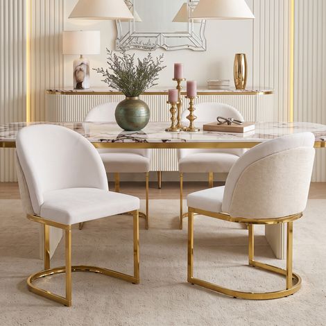 4 sillas de comedor, cómodas y transpirables, adecuadas para restaurantes, salas de estar, cafeterías y otros lugares, estilo moderno, patas de silla galvanizadas en color dorado, tela de chenilla, be (1/5)