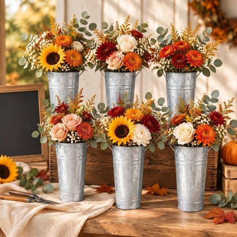 Lot de 6 seaux à Fleurs en métal galvanisé en Vrac avec poignées pour décoration de Table, Centre de Table, Fleuriste Rustique pour Mariage et Maison (22,9 cm, argenté) (1/5)