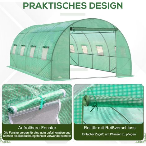 Serre de jardin 6x3x2 m, tunnel de culture avec 8 ouvertures, porte enroulable, parois latérales relevables, bâche anti-UV résistante, abri à tomates hivernal avec piquets d'ancrage, vert. (1/5)