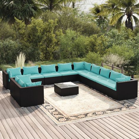 12-tlg. Garten-Lounge-Set mit Kissen Schwarz Poly Rattan (1/5)