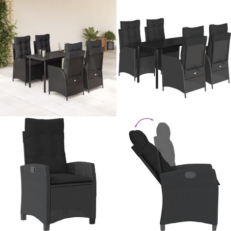 Set da Pranzo da Giardino 5 pz Nero con Cuscini in Polyrattan - Sedie da giardino reclinabili - Tavolo da giardino