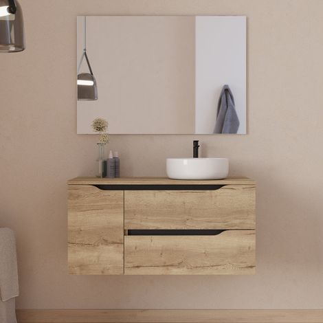 Meuble de salle de bain 100cm avec plateau, vasque à poser déportée à droite Ares et miroir - 2 tiroirs et un placard - madera miel (bois clair) - ZARZA