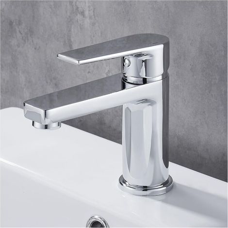 Grifo mezclador para lavabo de baño con maneta cuadrada de latón, mezclador de agua fría y caliente con monomando, cromado plateado. (1/5)
