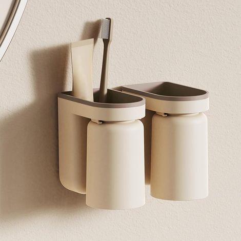 Porte-brosse à dents mural, avec drainage et porte-gobelet, autocollant pour salle de bain (Beige). (1/5)
