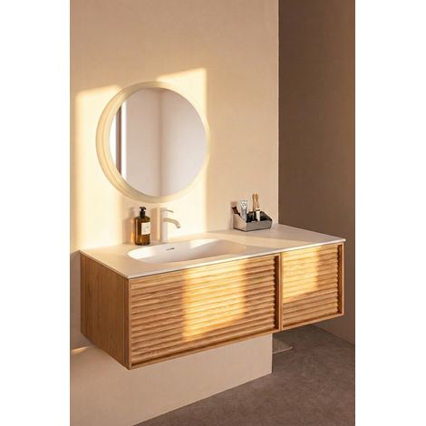 Meuble salle de bain suspendu JANE L120 x H39 x P50 cm couleur chêne clair BASS  + vasque encastrée avec trou robinet