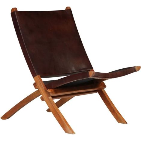 Chaise pliante cuir marron et acacia laqué foncé Manilou (1/5)