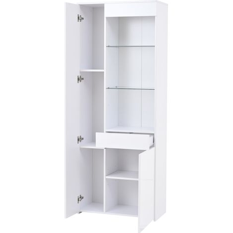 Vitrina alta blanca de 70 x 35 x 180 cm con cajón, LED y puertas de cristal templado (1/5)