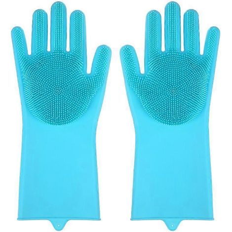 Gants de vaisselle en silicone, gants brosse de cuisine, gants de nettoyage magiques, bleus, 160 g (emballage PVC) (1/5)