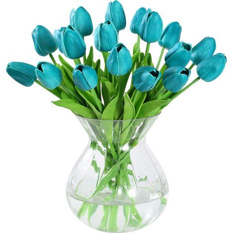 Lot de 20 tulipes artificielles en latex au toucher réaliste, fleurs de fausses tulipes pour bouquets de mariage, décoration de maison et de jardin (bleu)-AquaForge (1/5)