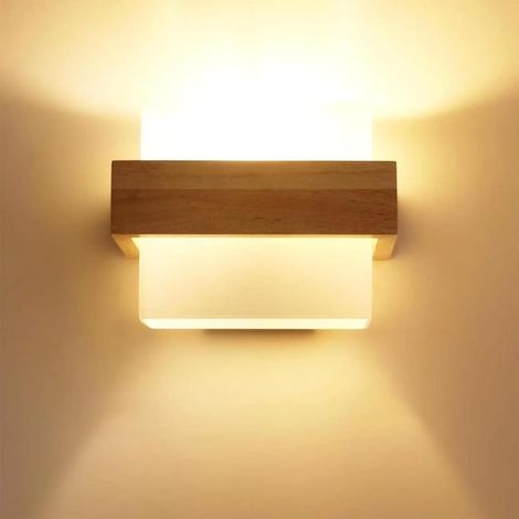 GOECO Applique Murale Interieur, 12W Moderne Lampe Murale en Bois avec Abat-jour en Verre E27, 3 Température de Couleur 3000K/4500K/6500K (1/5)