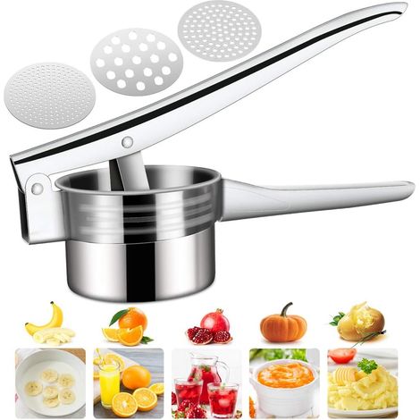 Presse-purée, Polyvalent Manuelle Pressem,Acier Inoxydable Presse-purée avec 3 Disques Interchangeables, pour la Purée de Pommes de Terre, Nourriture pour Bébés, Jus, Ail, Citron, etc. (1/5)