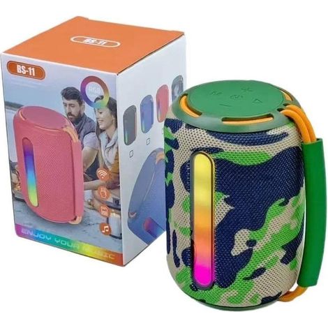 Enceinte Bluetooth portable BS-11 avec lumières LED colorées et design camouflage, idéale pour les fêtes et les aventures. (1/4)