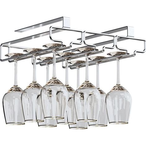 Support Verre Suspendu, Porte Verres à Vin en Métal, Rangement Verre Installation sous Meuble, pour Bar, Restaurant, Cuisine (3 Rangs, argent) (1/4)