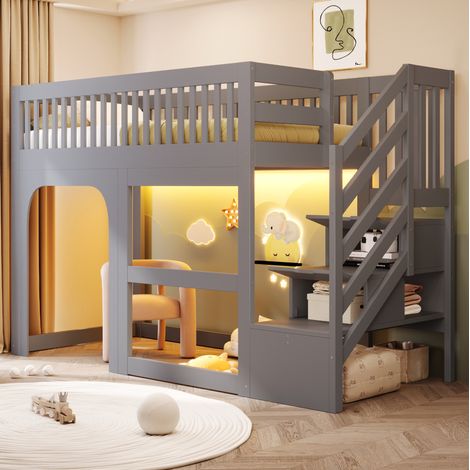 Etagenbett 90/200 cm grau mit Stauraum-Treppe, LED und offenem Platz darunter (1/5)