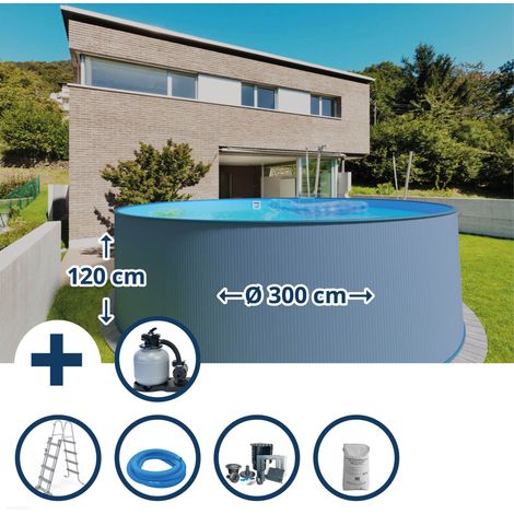 Stahlwandpool Set (7-teilig) hoch rund 300 x 120 cm, Stahl 0,4 mm anthrazit Folie 0,4 mm blau (1/5)