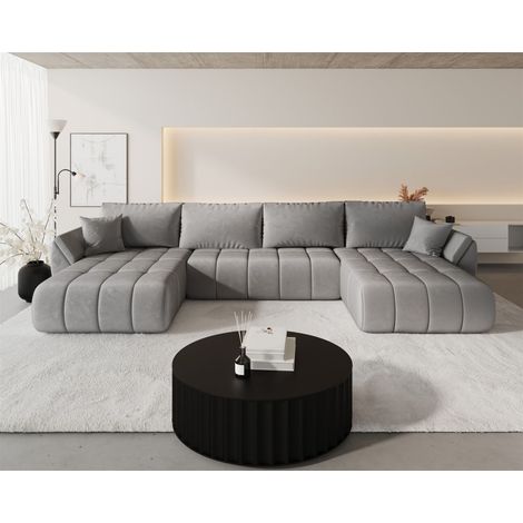Wohnlandschaft Sofa mit Schlaffunktion MISATO Stoff Monolith Hellgrau