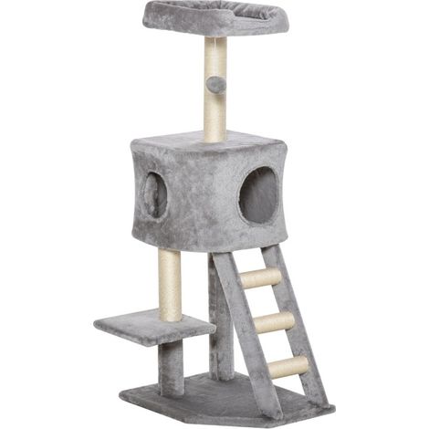 CHICFURN Árbol rascador para gatos 120 cm gris claro con cueva y postes de sisal (1/5)