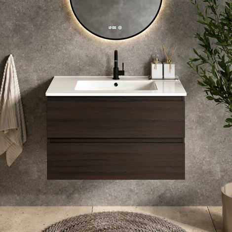 Badezimmermöbel Luma - 80 cm - Walnuss - Weißes Waschbecken (1/4)