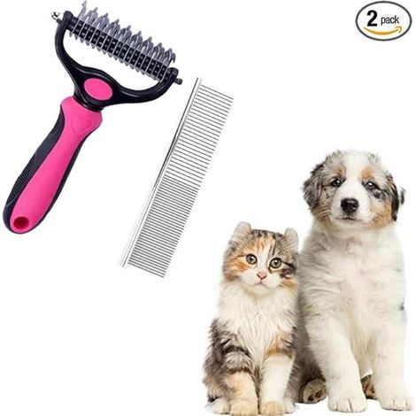 Lot de 2 peignes de toilettage pour animaux de compagnie Brosse et peigne en métal pour chats et chiens Démêlage, démêlage, démêlage, rose (1/5)