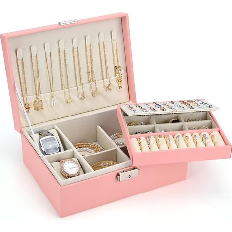 Boîte à Bijoux pour Femme, Grande Coffret à Bijoux à 2 Couches Avec 2 Coussins de Montre, Sakura Rose (1/5)
