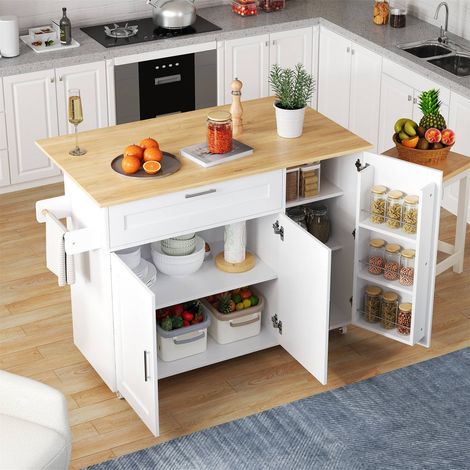 Îlot cuisine 132.5x44(70)x90 cm, desserte mobile chêne avec plateau rabattable, tiroirs, étagères et roulettes (1/5)