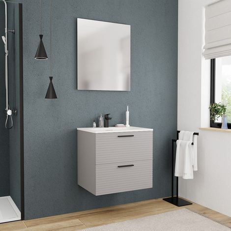 Ceramia Komplettset 60 cm: Waschbecken matt weiß + Möbel FSC-zertifiziert, perlgrau (CERAMIA-4LG60-V)