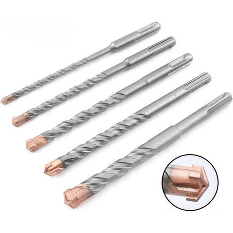 Coffret de 5 forets SDS Plus pour béton, perceuse à percussion, forets à maçonnerie, forets carrés, longueur utile 120 mm, longueur totale 200 mm, diamètres 6, 8, 10 et 1 pouce. (1/5)