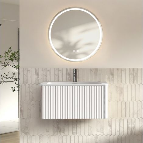 Meuble de salle de bain suspendu avec vasque et miroir LED rond 80 cm, blanc, OKMYHOME (1/5)