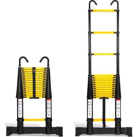 Jiubiaz Scala telescopica in alluminio nero-giallo da 4,4 m con 2 ganci e stabilizzatore, portata fino a 150 kg