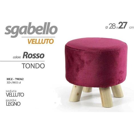 TRADE SHOP - Pouf Sgabello Velluto Colore Blu Rosso Verde Quadrato Tondo Gambe Legno 28x27cm - Rosso -Tondo -