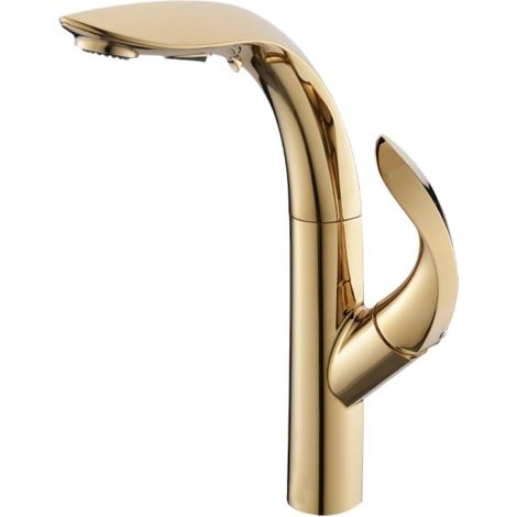 Robinet de cuisine Robinet de cuisine de luxe en laiton doré avec conception extractible, robinet d'évier moderne à 2 fonctions à poignée, double commande froide et chaude(Gold) (1/5)
