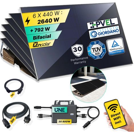 ROBINSUN®️ Kit Solar Enchufable Performance Flat 2.640Wp, 6 paneles QN 440Wp + 3 Microinversores 800W con Wifi incluído + Cable 3m + 6 Fijaciones 20º (1/5)