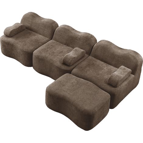 Sofá modular en L de 3 plazas con 1 otomana, terciopelo marrón, espuma 32D, asiento profundo (1/5)