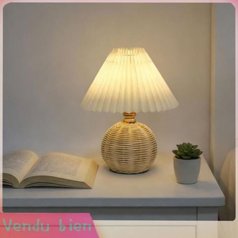 Garosa lampe de bureau plissée Lampe de Table plissée, abat-jour en lin jaune doux, Base en rotin, lampe de chevet deco Beige (1/4)
