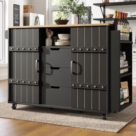 Meuble de cuisine, desserte finition bois, chariot de cuisine à roulettes avec plan de travail, chariot de cuisine avec porte-épices et porte-serviettes, îlot de cuisine avec portes coulissantes et ti